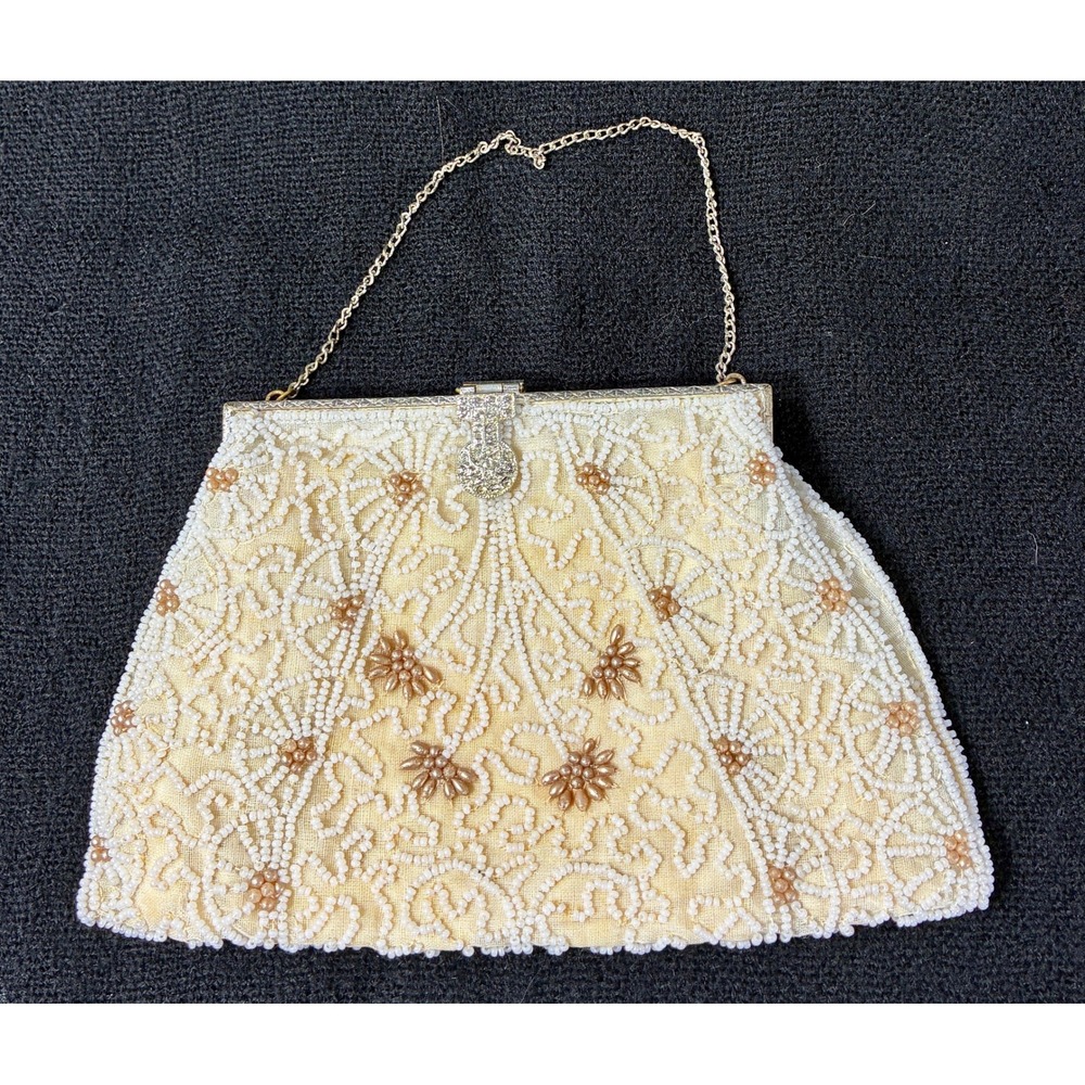 Vintage Cream Beaded Evening Bag Rhinestone Clasp Faux Pearl Floral Clutch Bag